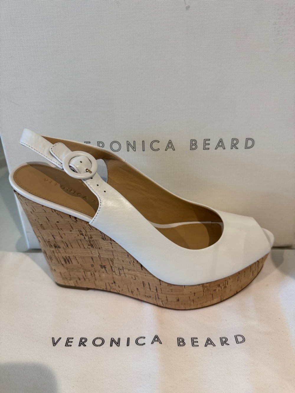 Veronica Beard White Leather Cork Wedge Slingback Peep Toe 10